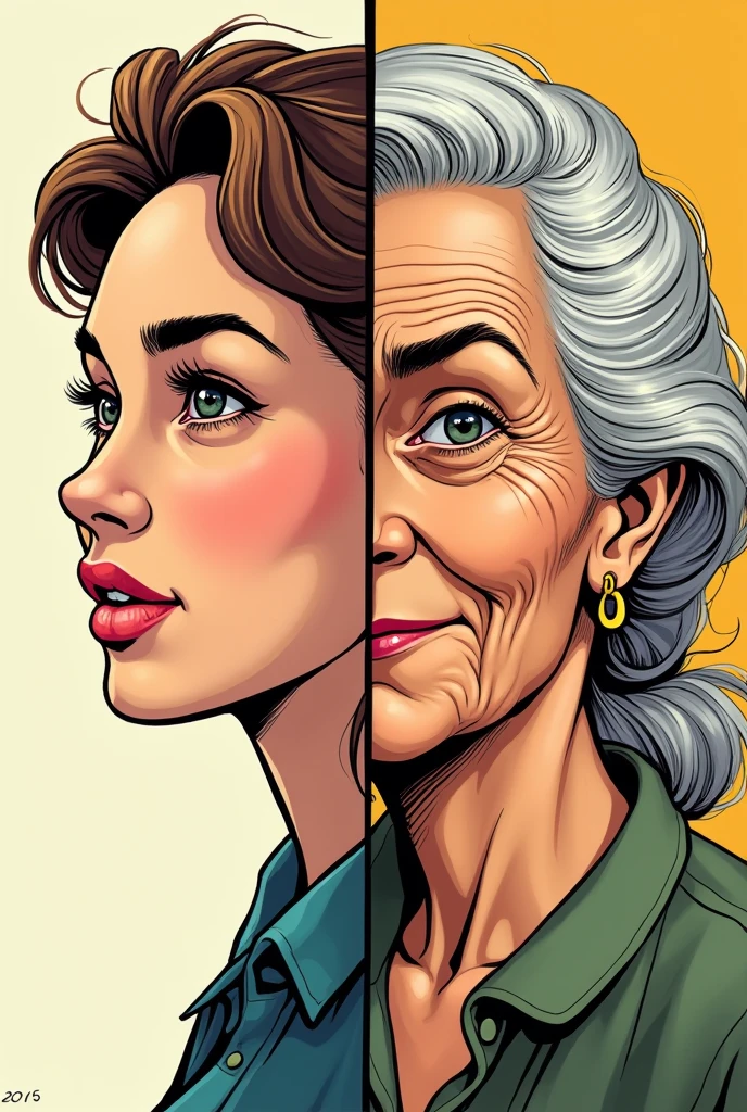 Make a comic cartoon with a young woman&#39;s face and the same woman 40 years later