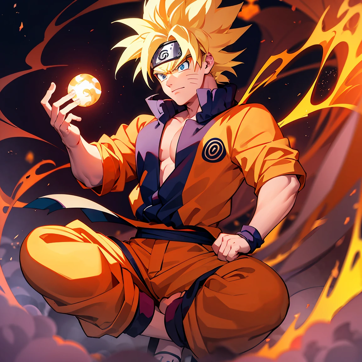 A fusion of Naruto and Goku,with several balls behind him forming a sphere and in the smoke Kurama and Shenlong