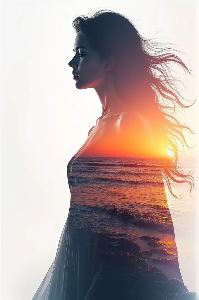 high quality, 8K Ultra HD, A beautiful double exposure that combines an goddess silhouette with sunset coast, sunset coast should serve as the underlying backdrop, with its details incorporated into the goddess , crisp lines, The background is monochrome, sharp focus, double exposure, by yukisakura, awesome full color,
