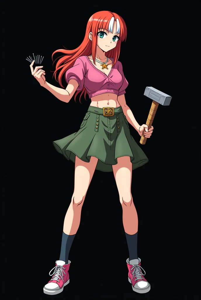 A full body image of an 1 girl named Hana Watanabe, personagem do anime "dragonball z", she is very beautiful, with medium length straight fire-colored hair with two white highlights in the front, framing your face. She has blue-green eyes and pale skin.. she is a Wiccan, she is in fighting pose. she wears a pentagram necklace, croped, glued skirt, beautiful women's high-top shoes and ¾-long socks, she holds a nail hammer and small nails. It is drawn with Akira Toryama's animation. black backdrop.