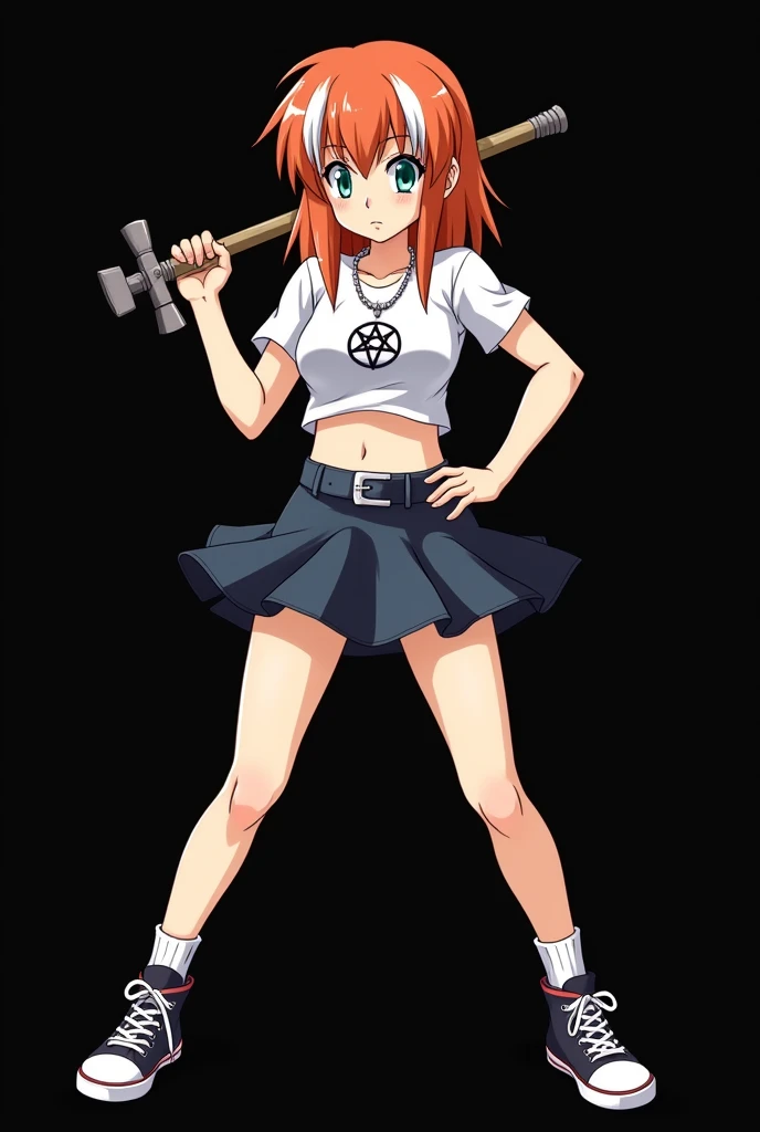 A full body image of an 1 girl named Hana Watanabe, personagem do anime "dragonball z", she is very beautiful, with medium length straight fire-colored hair with two white highlights in the front, framing your face. She has blue-green eyes and pale skin.. she is a Wiccan, she is in fighting pose. she wears a pentagram necklace, croped, glued skirt, beautiful women&#39;s high-top shoes and ¾-long socks, she holds a nail hammer and small nails. It is drawn with Akira Toryama&#39;s animation. black backdrop.