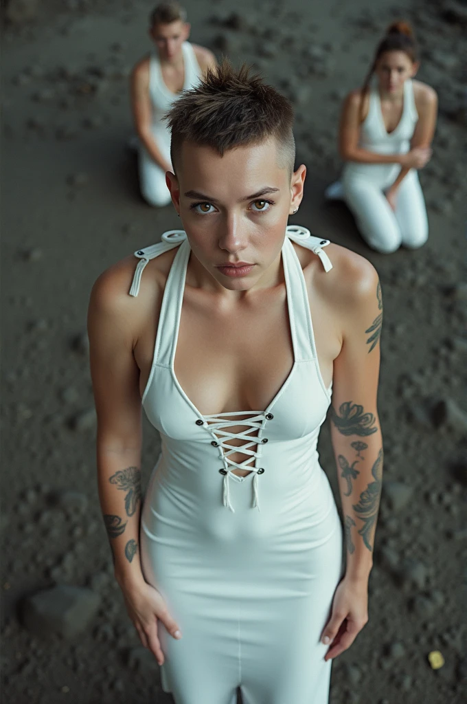 high fashion photography of a (slightly overweight) young man as a ((pixel punker)) with ((razor cut haircut)) wearing (chic clothes),dressed in white dress,deep neckline,sleeveless,lace-up sides,figure-hugging,white structure,arch details,outdoor setting,other subjects,kneeling down,facing camera,leaning forward,close-up shot,high angle,direct perspective,in an underground world beneath the earths surface,high contrast,(overhead shot:1.5),shot on Canon EOS M6 Mark II with Canon EF-M 32mm f-1.4,photo by Ilse Bing 