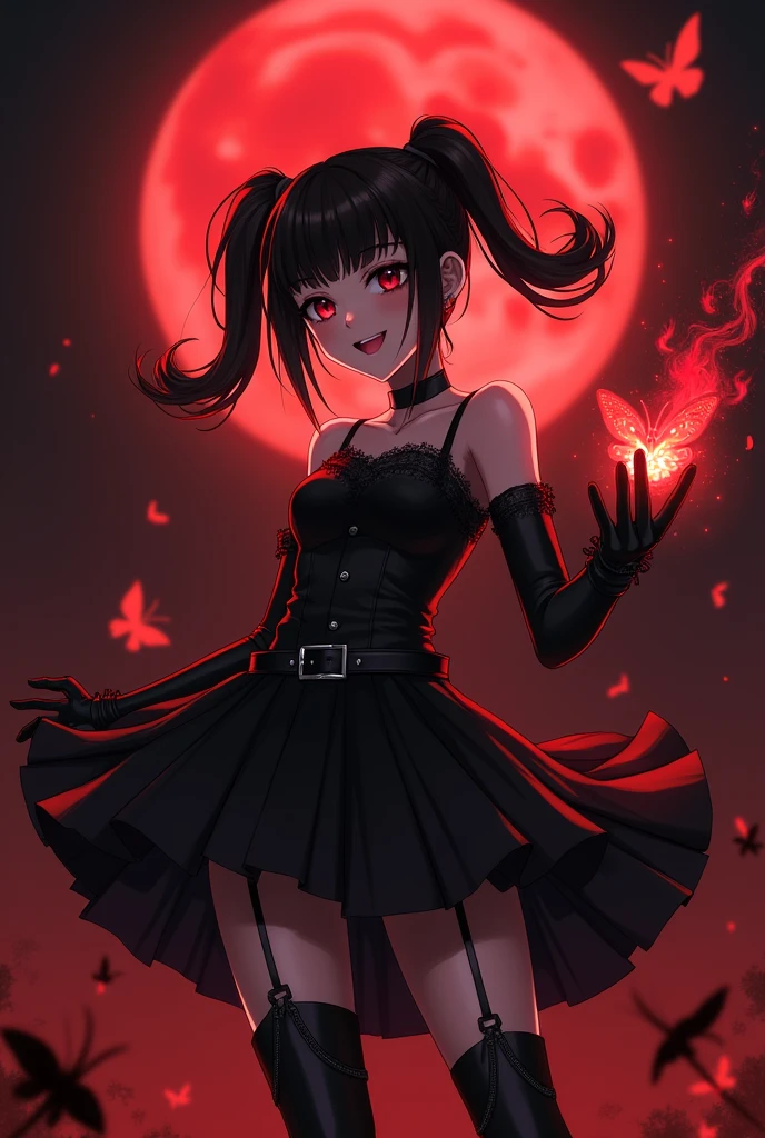Upper body promotional artwork, alone, One girl, bangs, Black Hair, (Two Side Up Hair), black eyes with dark circles, eye shadow, compensate, smile, Yandere, skinny, Exposing shoulders, No sleeve, clavicle, Small breasts, Black choker, strap, Pleated black dress, belt, gloves, boots, Gothic Fashion, Thick thighs, Action pose, Dynamic pose, Flaming butterfly, Fascinating, whole body, feet, feet, so beautiful, Depths of Hell, Fantasy, amazing, Very detailed, Black and Red Theme, Fire light, night, dark, Soft lighting, Fire Particles, full moon, Blood Moon,latex,
