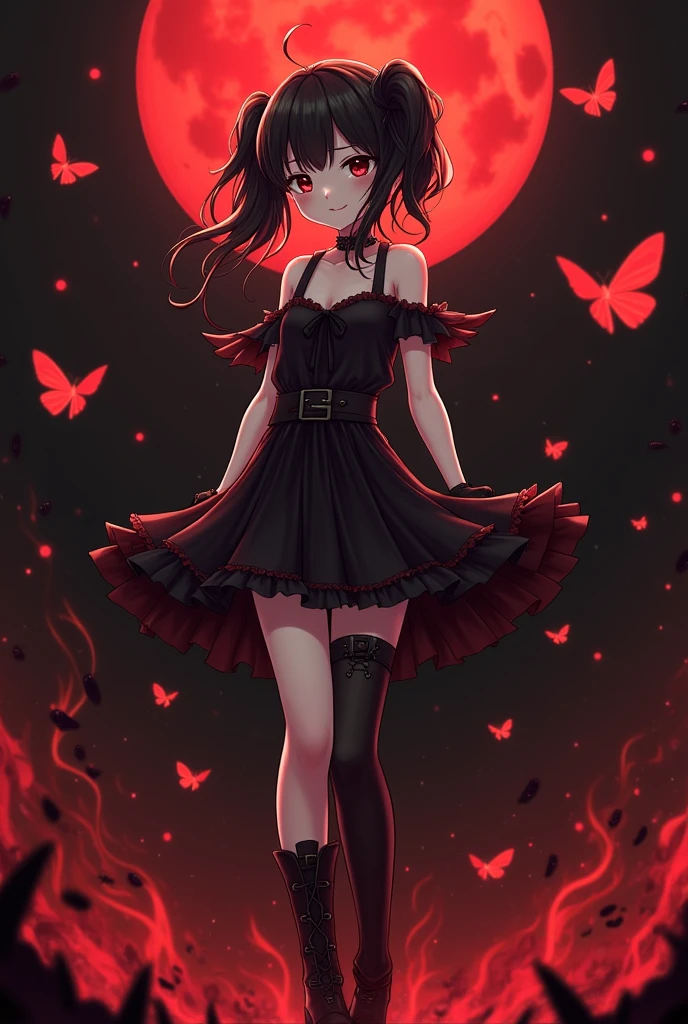 Upper body promotional artwork, alone, One girl, bangs, Black Hair, (Two Side Up Hair), black eyes with dark circles, eye shadow, compensate, smile, Yandere, skinny, Exposing shoulders, No sleeve, clavicle, Small breasts, Black choker, strap, Pleated black dress, belt, gloves, boots, Gothic Fashion, Thick thighs, Action pose, Dynamic pose, Flaming butterfly, Fascinating, whole body, feet, feet, so beautiful, Depths of Hell, Fantasy, amazing, Very detailed, Black and Red Theme, Fire light, night, dark, Soft lighting, Fire Particles, full moon, Blood Moon,latex,