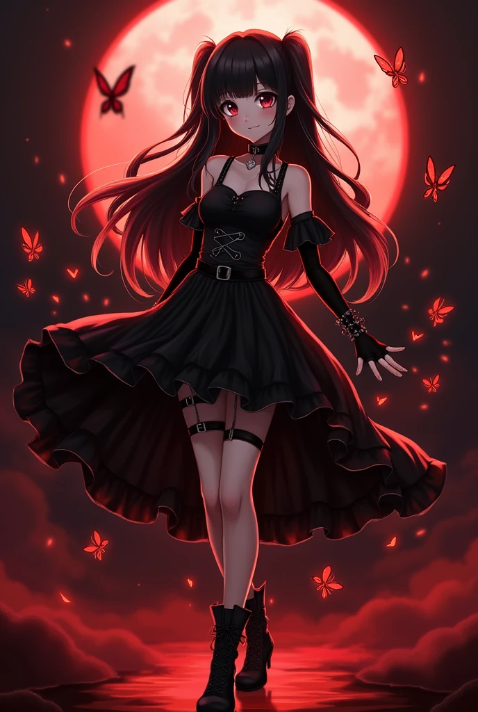 Upper body promotional artwork, alone, One girl, bangs, Black Hair, (Two Side Up Hair), black eyes with dark circles, eye shadow, compensate, smile, Yandere, skinny, Exposing shoulders, No sleeve, clavicle, Small breasts, Black choker, strap, Pleated black dress, belt, gloves, boots, Gothic Fashion, Thick thighs, Action pose, Dynamic pose, Flaming butterfly, Fascinating, whole body, feet, feet, so beautiful, Depths of Hell, Fantasy, amazing, Very detailed, Black and Red Theme, Fire light, night, dark, Soft lighting, Fire Particles, full moon, Blood Moon,latex,