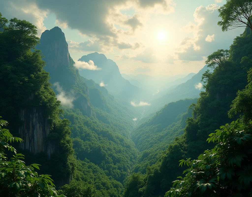 A panoramic view of a lush, tropical jungle from a towering peak. The sun, casting long, dramatic shadows, is breaking through a cloud-filled sky, creating a dramatic contrast between light and shadow. The air is thick with moisture, and the recent rain has left the leaves glistening and vibrant. tropical jungle, mountain peak, sunlight, after rain, fog, mist, dramatic lighting, hyperrealistic, ultra-HD, panoramic view, vibrant colors, lush vegetation, deep atmosphere, mystery, wonder.
