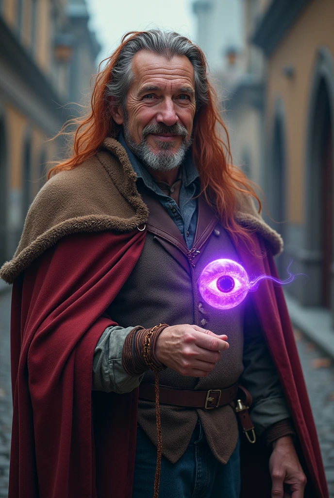 A middle aged magician with children bracelets on his wrists. He has red but graying hair and big mustache with no beard . He wear a used and torne cape to hide his adventurer clothes and a floating purple ethereal eye is floating near him. The picture is taken from afar and the man is standing next to the city gates. The man has a smile on his face, he looks proud but kind