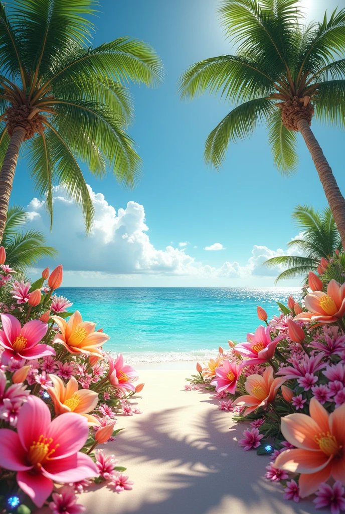 A stunning and captivating 3D representation of a paradisiacal beach, containing towering coconut palms and luxurious, delicate and colorful flowers, adorned with intricate crystals, which shimmer and sparkle under the light. The meticulous craftsmanship and exceptional quality of each flower are evident, with a cinematic feel and striking typography that elevates the illustration to a photographic masterpiece., photo, typography, 3D rendering, cinematic, illustration