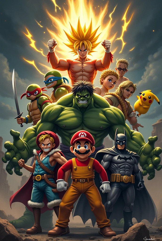 Super Mario, ein Super Saiyajin, Raffael from the Ninja Turtles, monkey d.Ruffy, pikachu,  link, the hulk, He-Man and Batman in a group photo with a dark background, promising attack. 