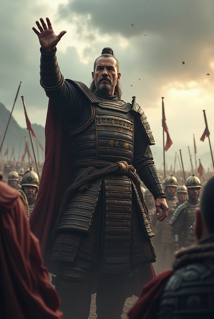Make a samurai, giving an order to his army 