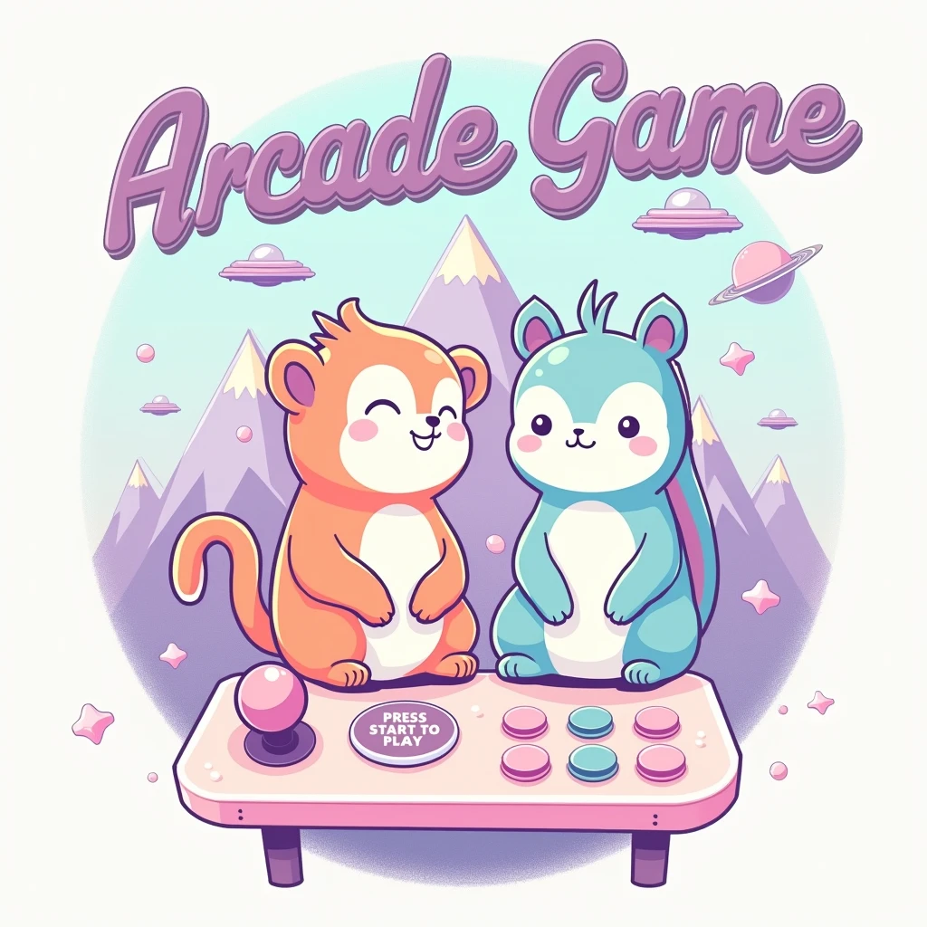 create more modern and detailed art of. The image is a stylized graphic with a pastel color palette., predominantly in shades of pink, purple and blue. no topo central, There's the text "Arcade Game" in a fun font with a slight shadow effect. Below this text, ((there are two cartoon style squishmallow animals: to the left, a monkey with orange and white fur and closed eyes that suggest contentment; On the right, a squirrel with blue and white feathers and big round eyes. Both animals are sitting.)), No fundo, there are graphics that resemble mountains in various shades of purple with white outlines that give them a geometric appearance "metaverse style". Above these mountains, float three small spaceships and one larger ship. There is also a large pink planet-like object with rings around it.. Na parte inferior da imagem, there is an arcade game control panel with a joystick on the left side, which has a pink top and a light blue base. To the right of the joystick, there are four buttons: three smaller ones aligned horizontally in light pink colors, dark pink and blue, respectively; Beneath them, there is a larger button in dark pink. No canto inferior direito da imagem, there is additional text saying "PRESS START TO PLAY" inside a speech bubble shaped button design.