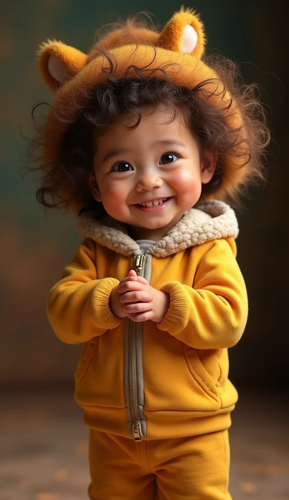 Create UHD photorealistic realistic image, no animation, no 3D image, no Pixar style. Capture a 26-month-old girl with a confident smile, wearing a lion-themed outfit in a studio setting. Use a 50mm lens for sharp detail and a softly blurred background. Lighting should be strong but balanced, highlighting her expressive face. Ensure her hand shows exactly five fingers. The photo should convey strength and warmth, like a classic studio portrait.