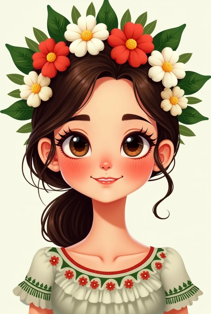 Face cute girl, hair Brown flores en la cabeza de color verde blanco y rojo.With mexican dress. Illustrator