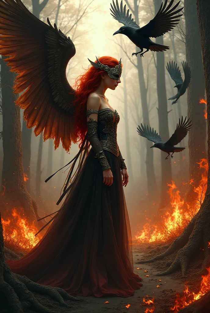 A red-haired princess stands sideways with a mask on her face, staring at her torn wings with sadness and pain as large crows fly around in a forest on fire. 