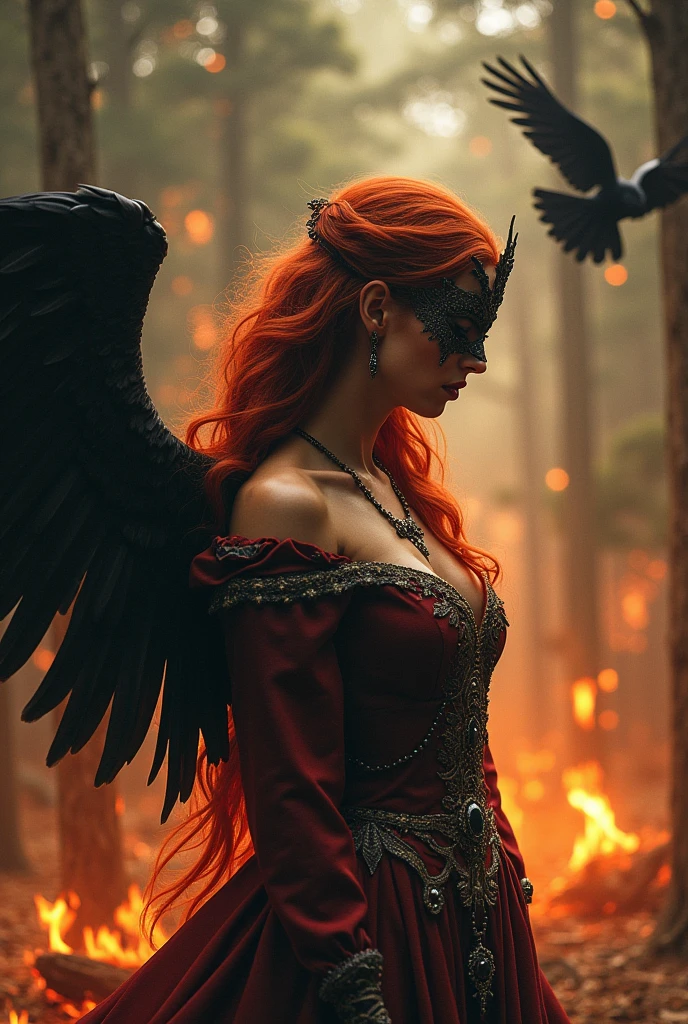 A red-haired princess stands sideways with a mask on her face, staring at her torn wings with sadness and pain as large crows fly around in a forest on fire.