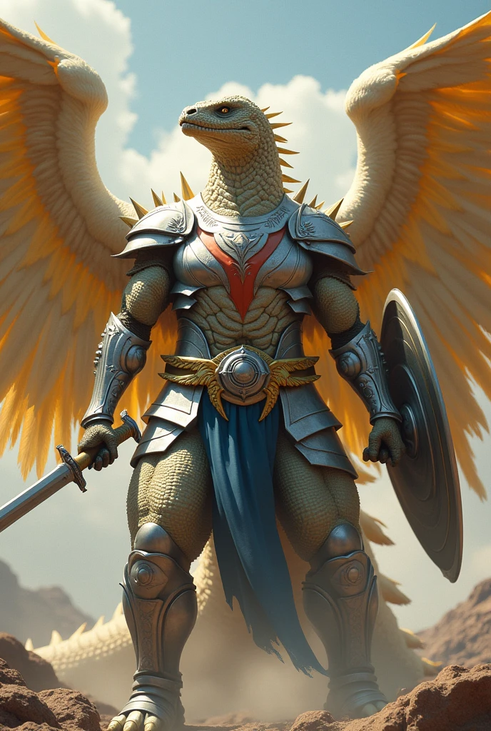 Godzilla with wings huge golden white feathers white, with silver metal armor, red breastplate, blue belt, holding sword and shield