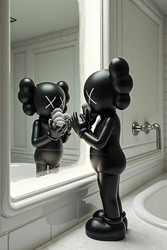 Create a very hyper realistic black kaws stand in bathroom doing face washing front of mirror the soap on his face 
