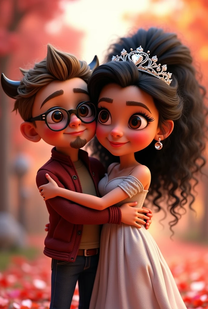 pixar 3d effect, couple in love, he young chubby, Eye Brown, Light brown bun hair, tazmania&#39;s clothes, light hair, goatee, wearing glasses, she has black curly hair, black  curly hair, volumous hair, eyes browns, ice queen dress, Diamond Crown