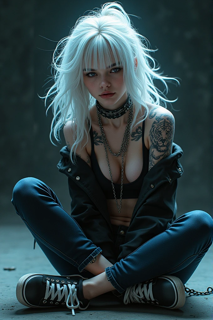 Girl sitting position, White hair, punk clothes with chains, white tiger tattoo, full body up to feet, black and blue sneakers, aura of ice 