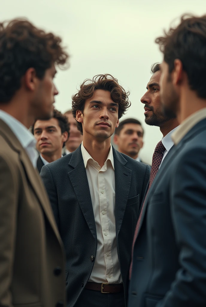 A group of people where one person stands out for thinking differently than the others., He has different thoughts from the others in the group and is noted for it.