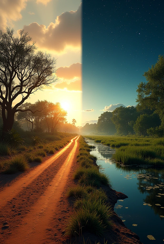 an image cut in half by a road where on the left there is the caatinga biome during the day and on the right the Pantanal biome at night