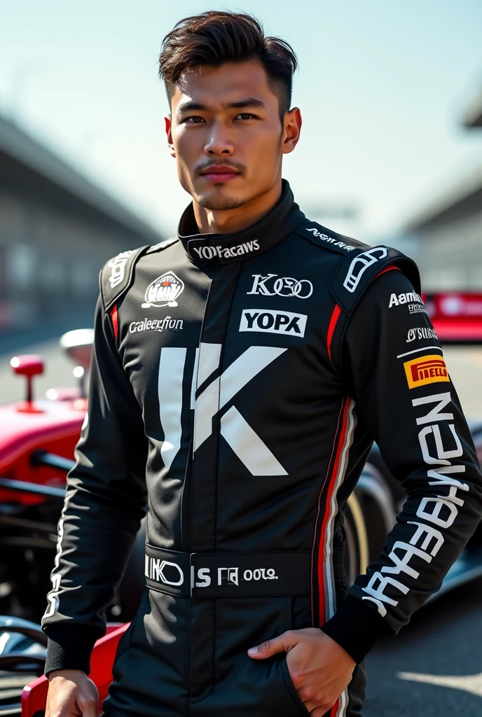  Handsome Filipino f1 driver wearing black and white tracksuit with chrome as sponsor with a large “K” on the suit (no helmet) with f1 car on the background