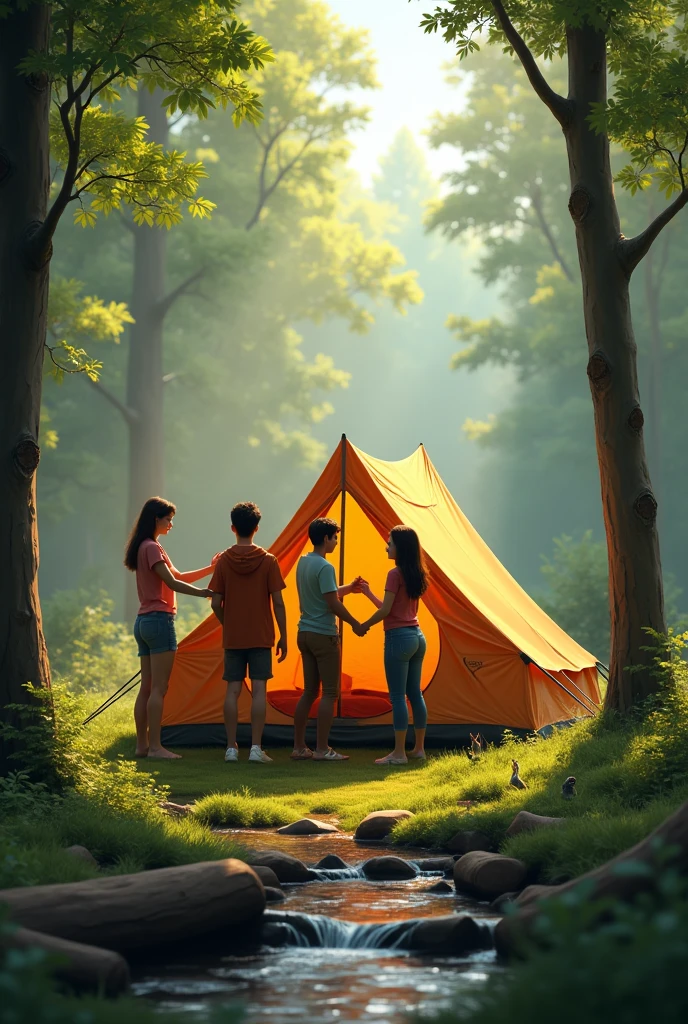 A group of 3 friends in a forest setting up a tent.