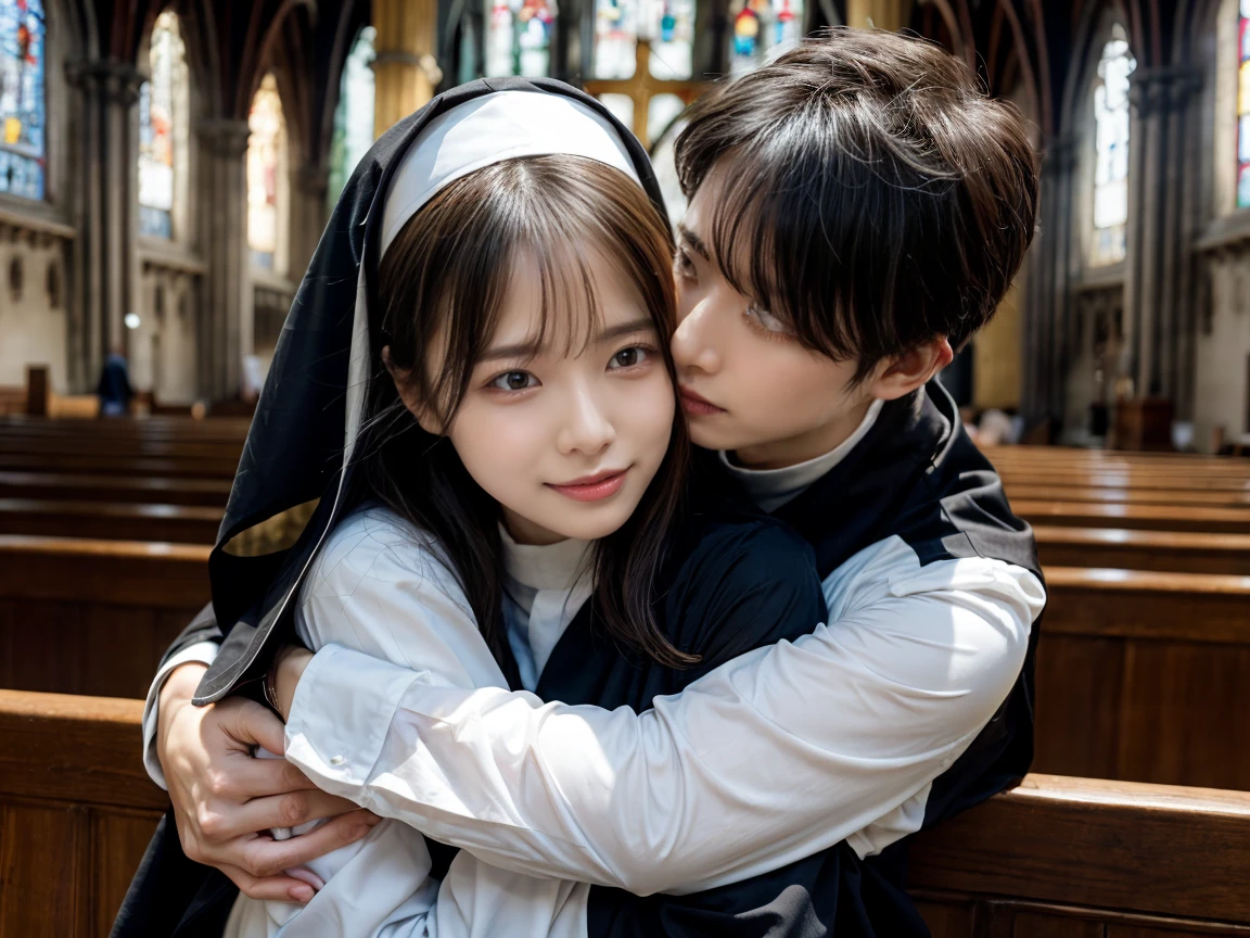 church 、Nuns 、 Handsome man hugging his girlfriend from behind, Talk in her ear