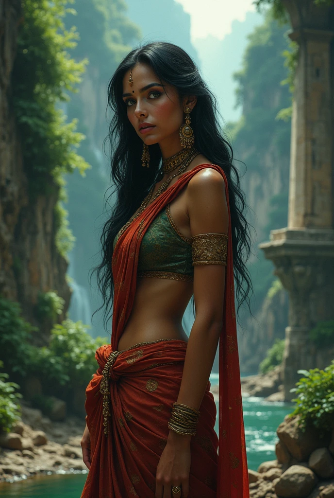 ((realistic: 1.5)),((best quality)), ((masterpiece)),((detailed)), (1girl), {a beautiful woman in a Sari}, (((Anne Hathaway: Selena Gomez :0.7))) full body,super wide angle lens, focus facial, young girl, sexy, toned muscles, long legs, female curves, barefoot, large firm breasts, open neckline, beautiful breasts with pink peeps, thick thighs, wide hips, slender legs, green eyes, long black hair, hair floating, long eyelashes, (detailed face, beautiful eye, detailed pupils, detailed clothing features, light background: 1.3), (Bindi, Jhumkas: 1.3), (Armlet, Haar, Payal, Maang Tikka, Jhumkas, Kamarband, Bangles :1.3), mysterious ancient ruin, lush forests, deep canyons, bridge, river, cliff, cloud, lakes, rock, waterfalls, flowers, grass, fog, vine, tree, smoke, best shadow, bright details, sharp, perfect composition , intricate, sharp focus, dramatic, by Frank Frazetta, by Julie Bell, by Olivia De Berardinis, by Luis Royo,by Boris Vallejo, (specular lighting:1.3),edge lighting, princess playing with water, riverbank, clothing scanty royal interior, random royal color, lying on the floor, thirsty face, erotic face, parted lips, almost naked, slipped down underwear, fog, floating antique clock, lamp and lantern, night light, visible public fair, visible breasts ,jeans