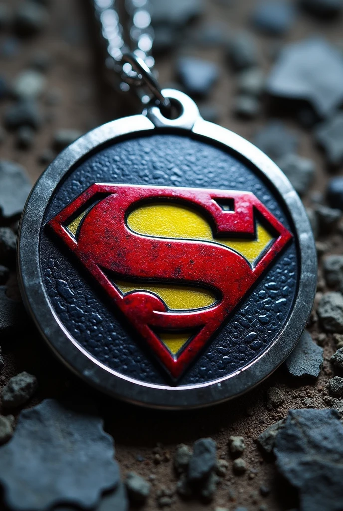 (((A round charm or tag with a silver border with the Superman logo in high relief.))) 