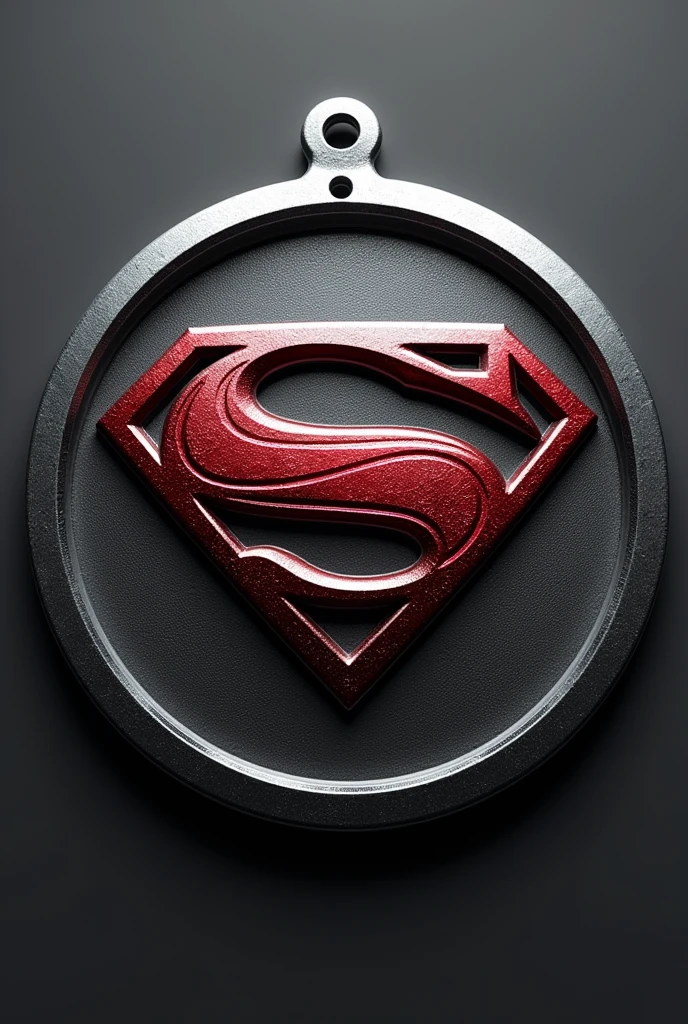 (((A round charm or tag with a silver border with the Superman logo in high relief.))) 
