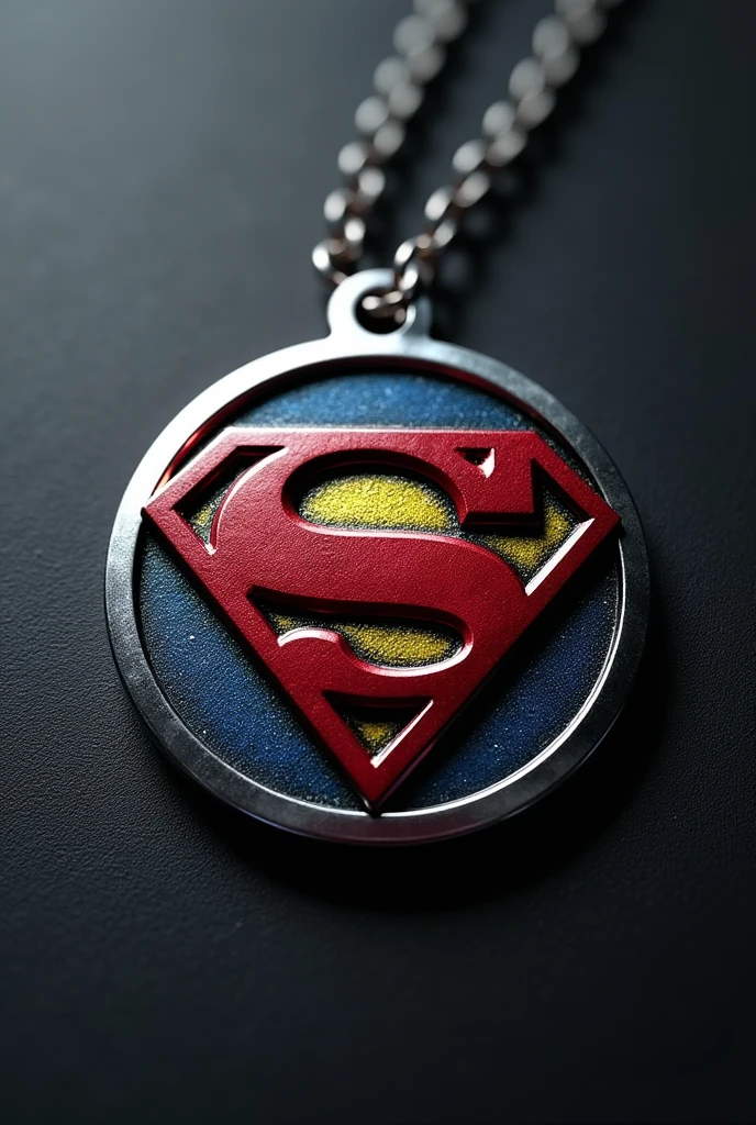 (((A round charm or tag with a silver border with the Superman logo in high relief.))) 