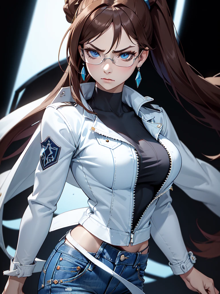 (((Portrait Photo))), She has the Appearance of a Regal and Elegant Teenager, with a Strong, Muscular Build that Commands Respect. She has Long, Straight Brown Hair Tied in a High, Oversized Ponytail, Keeping it Neat and Out of Her Face. Her Light Blue Eyes are Filled with Stormy Determination and a Hint of Fury, Giving Her a Fierce and Powerful Demeanor. Her Expression is Stern and Resolute, with a Tense Jaw and Piercing Gaze, Conveying a Sense of Heavenly Pride. (((Portrait Photo))),(((Dark Background))), (((Clear Glasses))), (((White Plised Top))), (((Open Denim Jacket)))