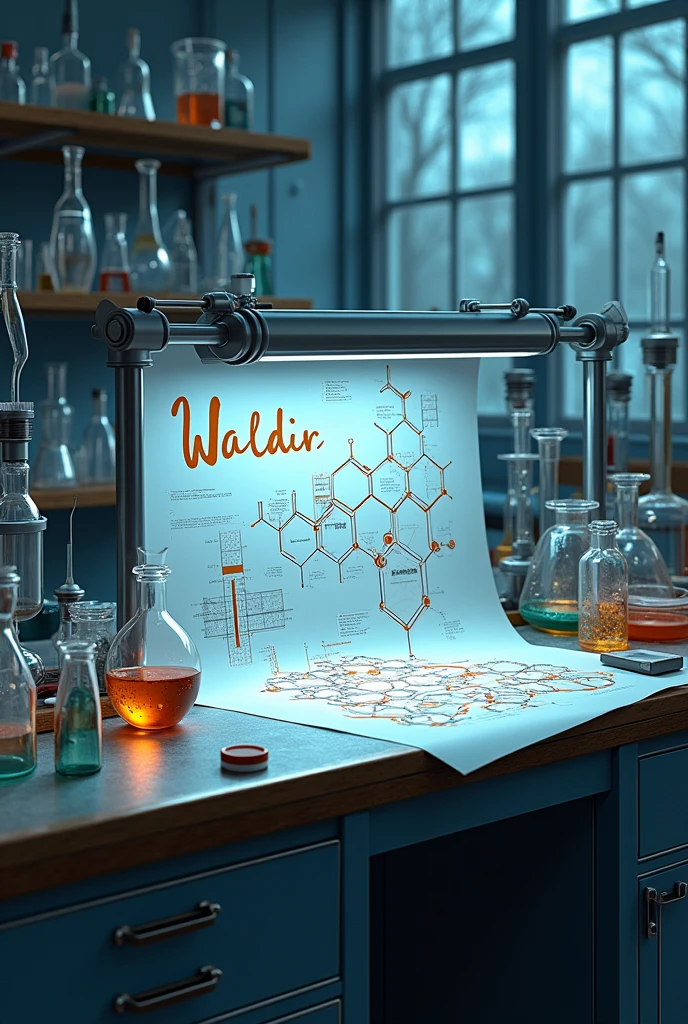 Realistic experimental chemistry bench with element bonds, separation of mixtures and writing the name Waldir
