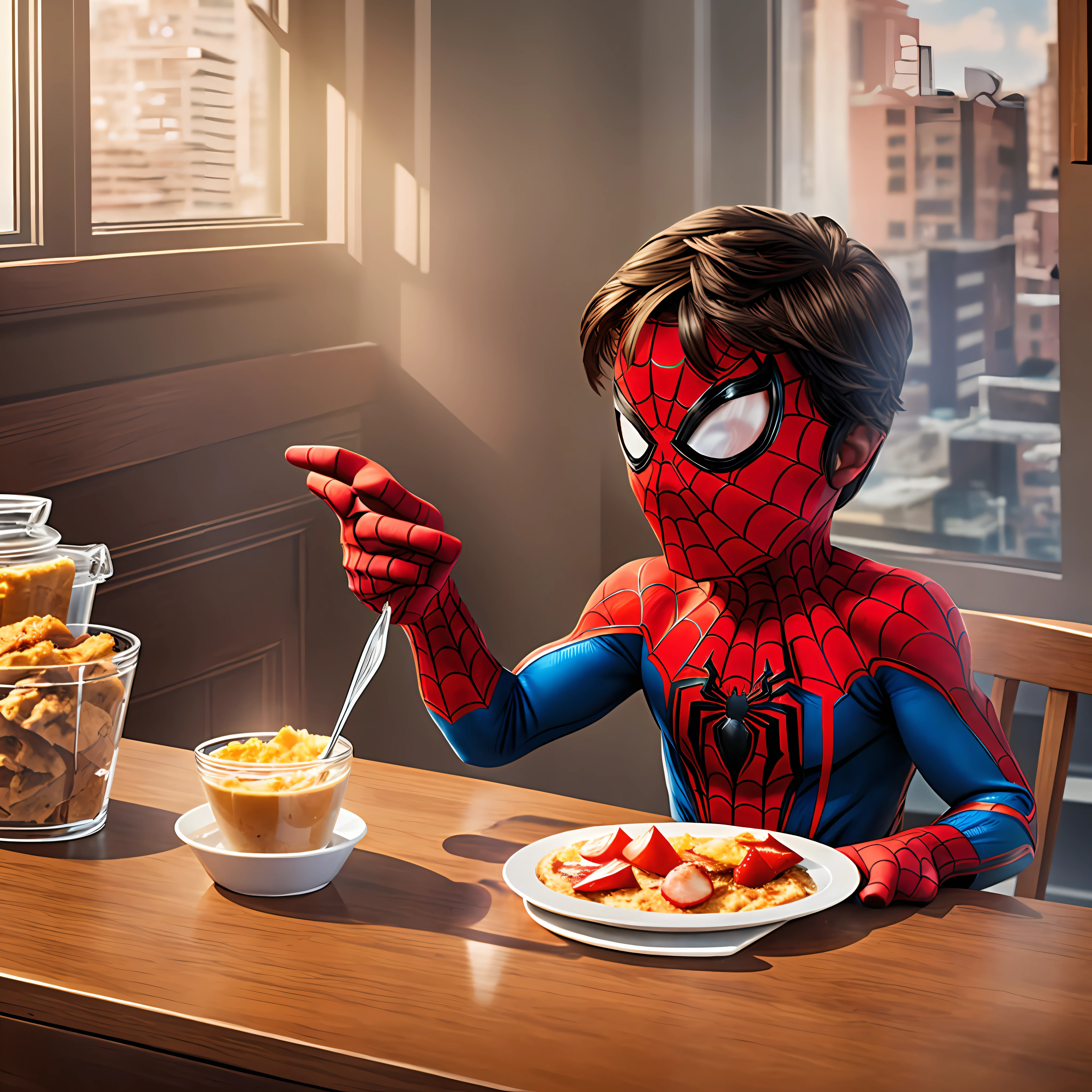 Spider man, child, having breakfast, spider man child