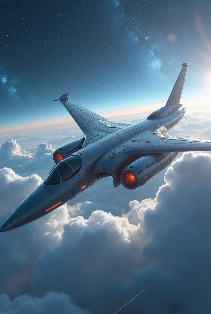 Image of an A transforming into an airplane, flying between fluffy clouds and bright stars.