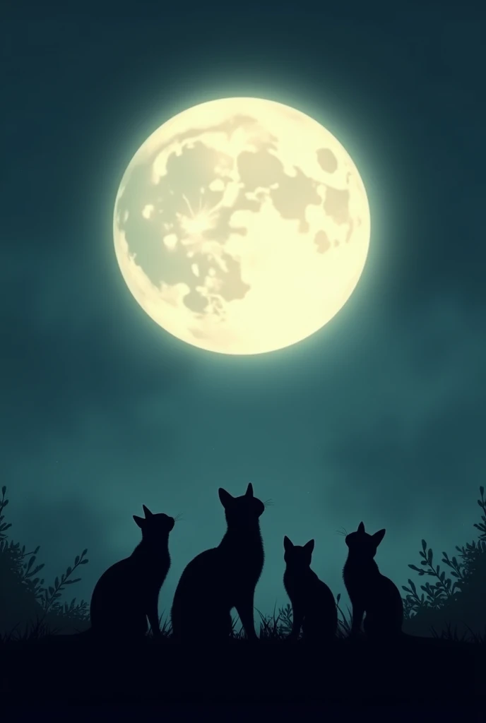 Silhouette of a family of cats looking at a huge moon