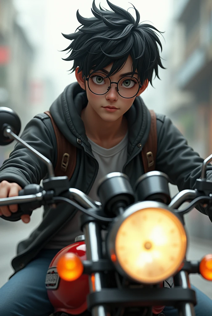 young man, student , with short messy black hair, pale skin, high, gray eyes, with glasses, semi realism, masculine, while driving a motorcycle