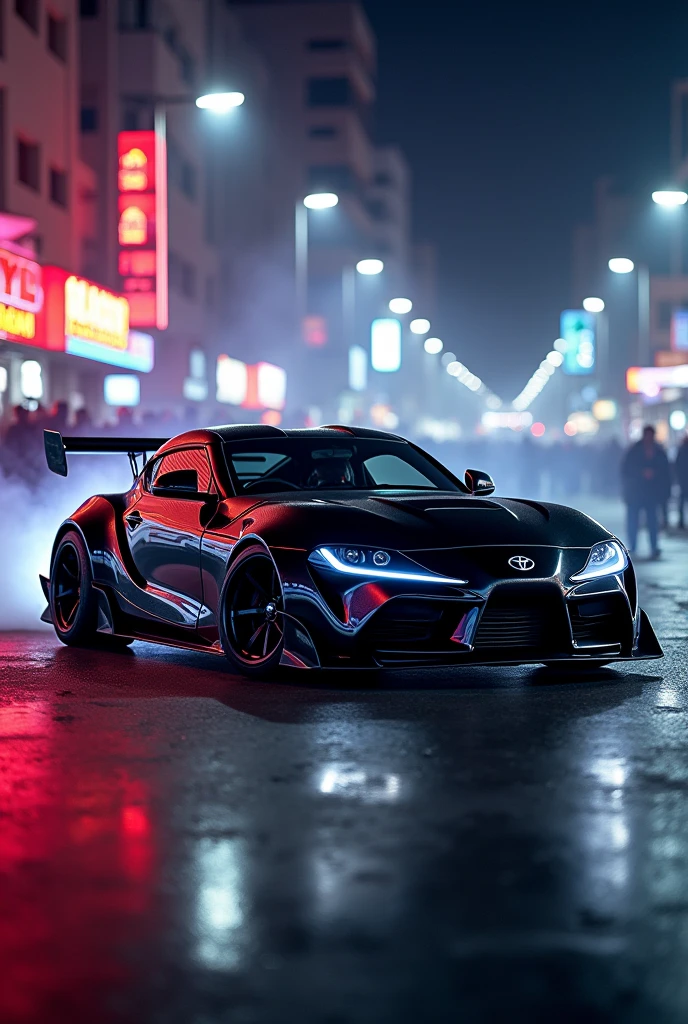 A toyota supra mk5 fully modified and upgraded with black shining colour with best rims and tyres and fully upgraded doing drifting infront of people in karachj with neon lights