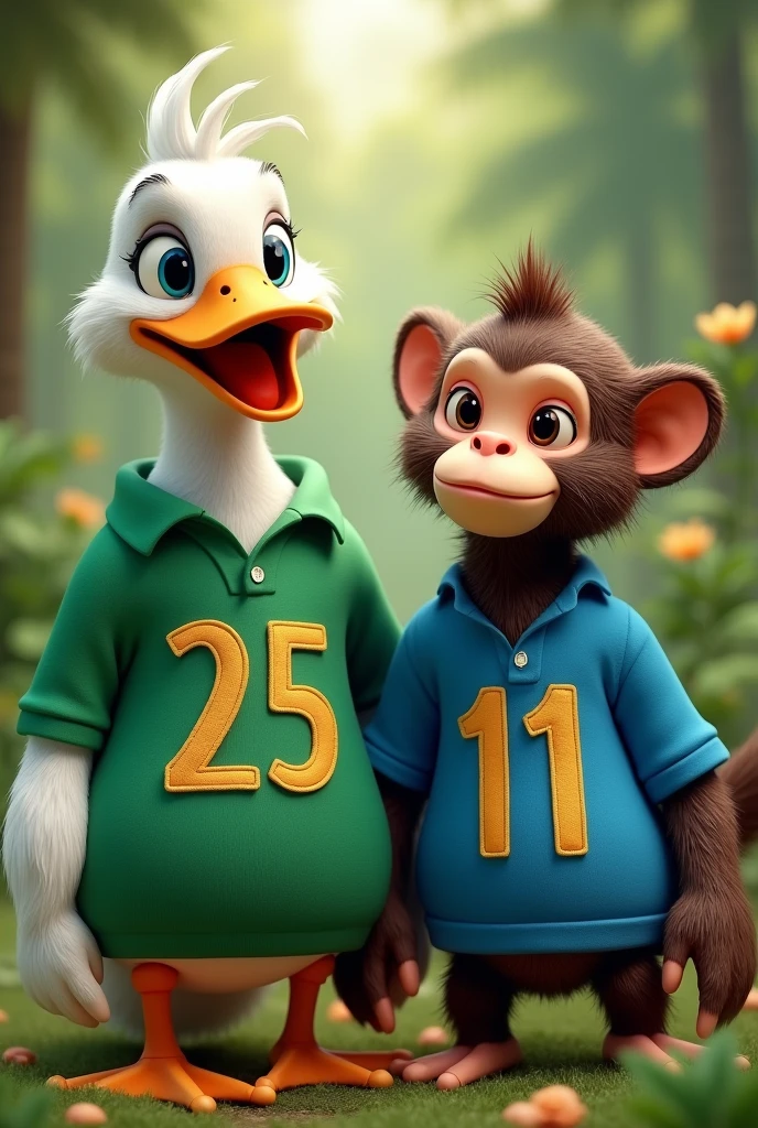 Create an image of a male duck in a green shirt with the word 25 written on it and a female monkey in a blue shirt with the word 11 written on it.