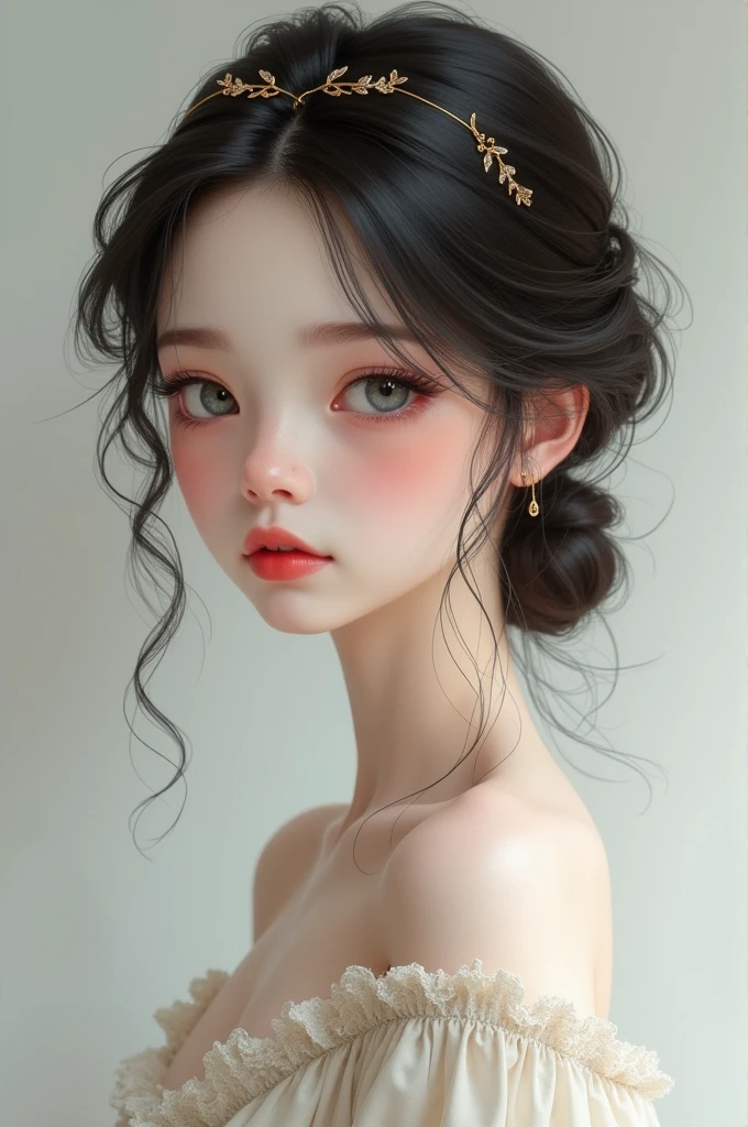 The girl is . Short stature, gray eyes, pale skin, small nose, thin lips. Classic style of clothing