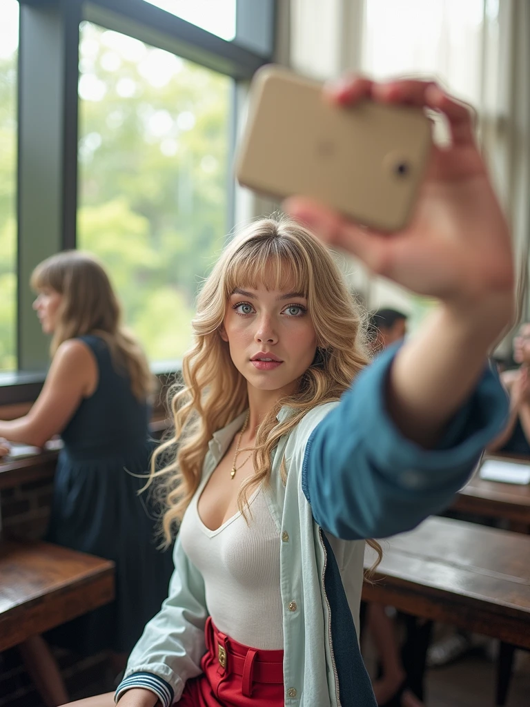 (masterpiece, professional lighting, 16 thousand., 8k wallpaper, RAW photo, photorealistic:1.8, Ultra detailed, , slightly wide angle lens, daylight, detailed skin, detailed face, detailed eyes), 1 beautiful girl, selfie from above, Full body image , long curly blonde hair with bangs, NECKLACE, Blue eyes, sexy look, Alluring look, White top, Short red skirt