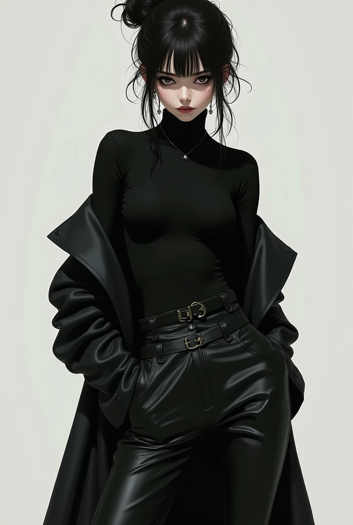Give me a picture of a girl wearing black turtle neck shirt with black baggy leather pants with a long black coat on top paired with black boots, messy bun