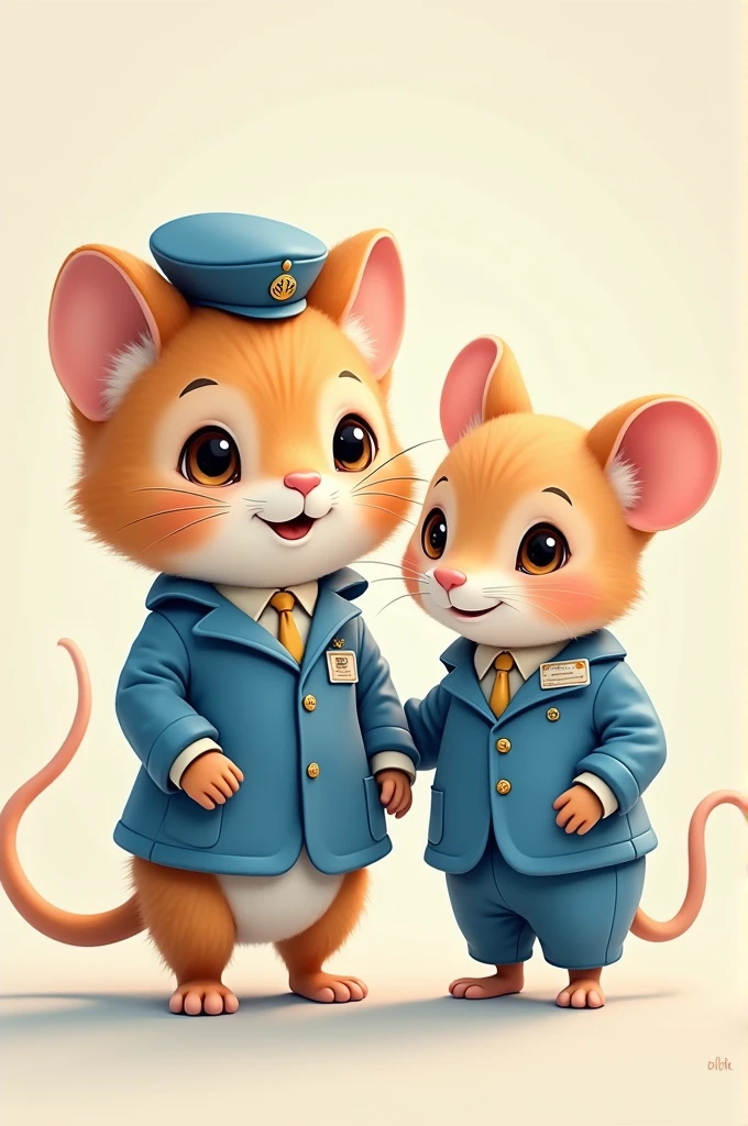 Baby cat stewardess next to male baby mouse stewardess in blue suit