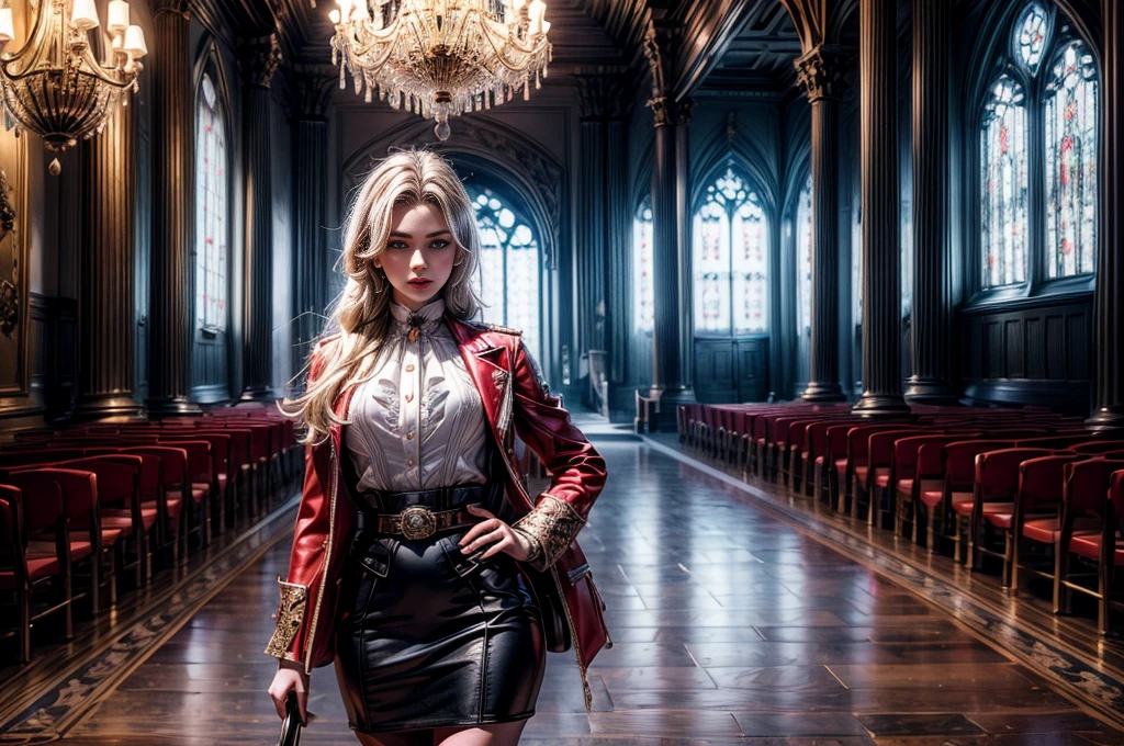 masterpiece,best quality, masterpiece, high detail,detailed face,detailed eyes,rendered eyes,perfect eyes,hip lines,crisp image,detailed,amazing,8k,8k wallpaper,8k background,high detailed skin,high res, (((cowboy shot))), solo, 1girl,looking at viewer,WillowSchnee, . Her attire consists of a white cravat secured by a silver brooch set with a red stone, as well as a light purple jacket with light sleeves, a wide belt around her waist, a matching pencil skirt with black tights and slippers. serious expression, inside stately mansion, great hall, , standing with military officer, near wide stairway, pillars, high ceiling, chandelier, tall windows,  holding wine glass, crowd, (volumetric lighting), sharp focus, hyper detailed 