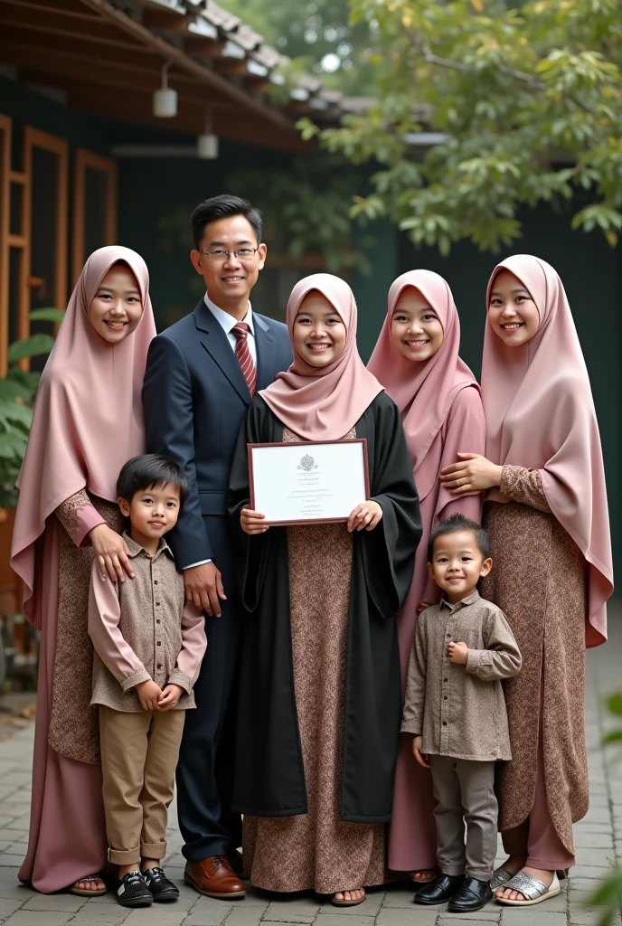Family photo of a girl graduating wearing a kebaya and hijab, carrying a diploma in her hand and wearing a toga, there are 3 men, namely father, Brother, and a little brother, and there are 3 women, namely mothers who wear the hijab , Sister who wears hijab, and has a younger sister who is .