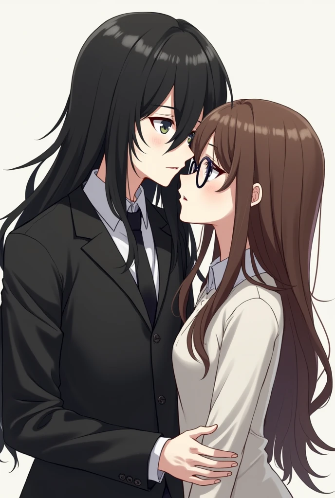 A dark boy with long black hair, white and thin. Fucking a white girl with brown hair and glasses. anime styling