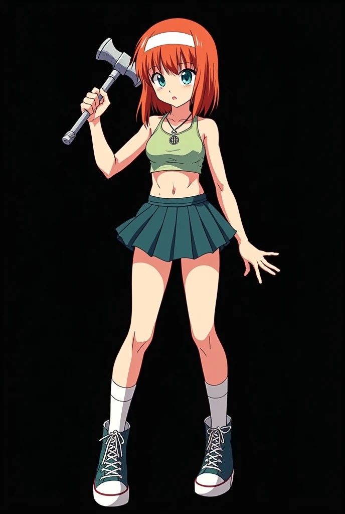 A full body image of an 1 girl named Hana Watanabe, personagem do anime "dragonball z", she is very beautiful, with medium length straight fire-colored hair with two white highlights in the front, framing your face. She has blue-green eyes and pale skin.. she is a Wiccan, she is in fighting pose. she wears a pentagram necklace, croped, glued skirt, beautiful women&#39;s high-top shoes and ¾-long socks, she holds a nail hammer and small nails. It is drawn with Akira Toryama&#39;s animation. black backdrop.