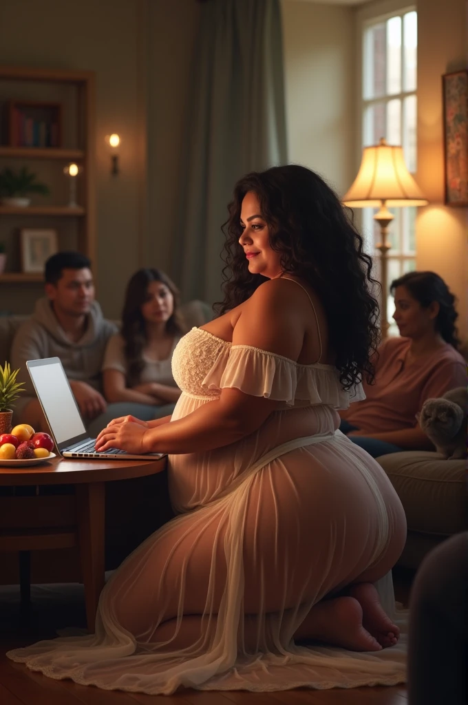  realism chubby latina woman (chubby voluptuous body) Long curly hair dressed in underwear (Long transparent lace nightgown White) It covers the buttocks, thighs and part of the legs. The buttocks and breasts are visible, in a cozy room dim sunlight generated from a window. Kneeling pose on a cozy sofa smiling looking at her laptop, accompanied by a cat and a plate of fruit, hands on her laptop and several people around her looking at her