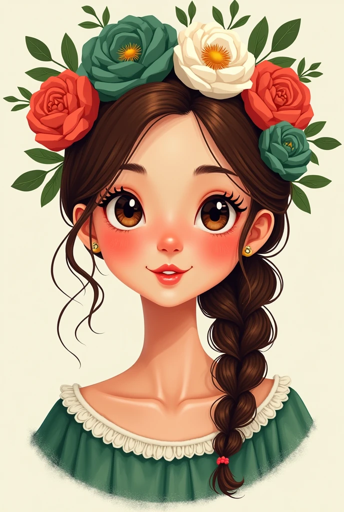 Face cute girl, hair Brown flores en la cabeza de color verde blanco y rojo.With mexican dress. Illustrator